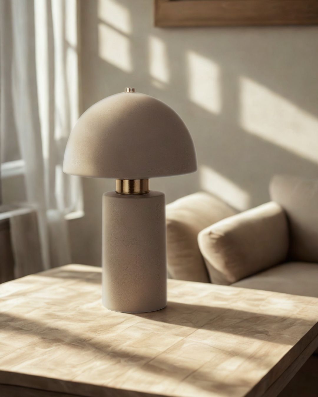 Graue Pilz-Tischlampe aus Keramik mit modernem Design.