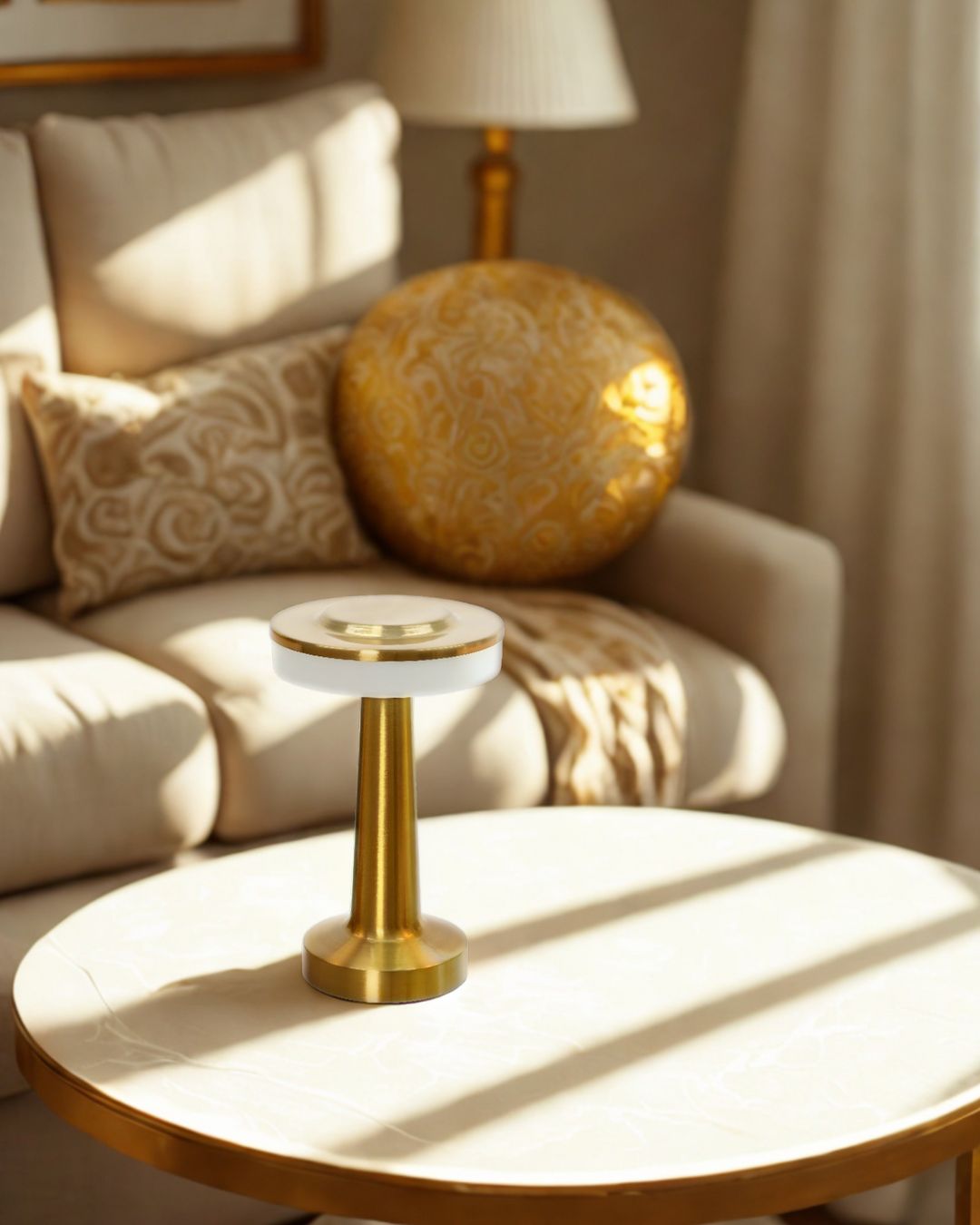 Moderne Tischlampe aus Metall in Gold und Silber mit minimalistischem Design.