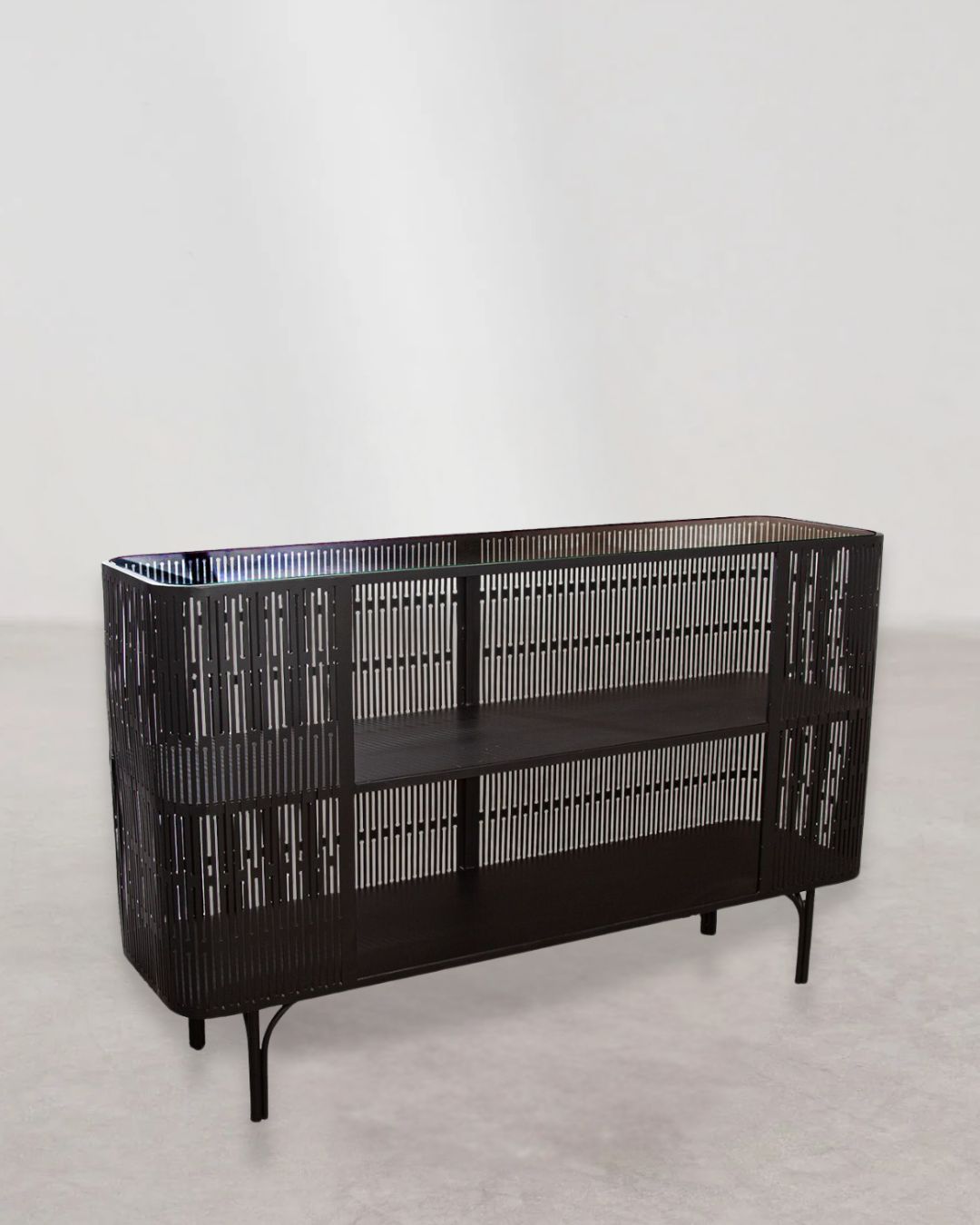 Modernes schwarzes Metall-Sideboard mit rechteckigem Design.