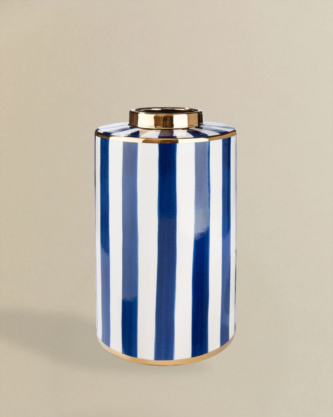 Zylindrische Keramikvase in Blau und Weiß